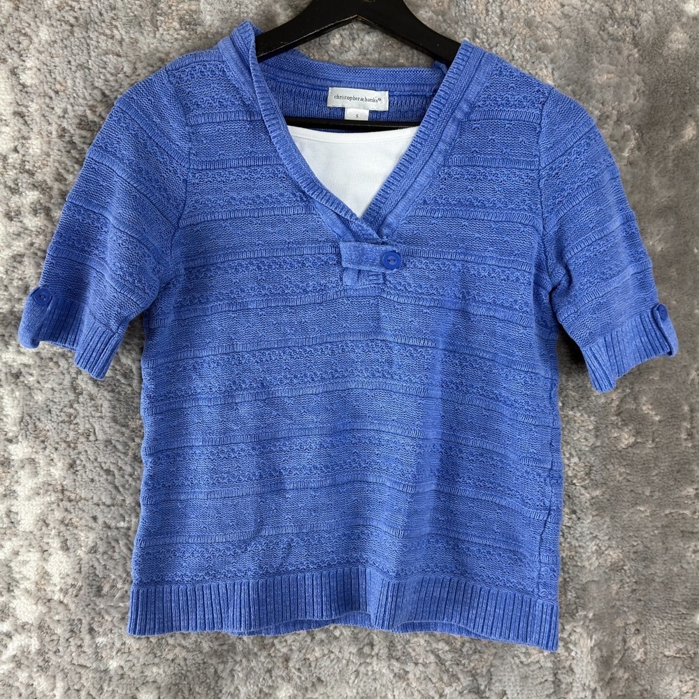Christopher Banks Size S‎ V Neck Knit Sweater Blue Short Sleeve Pullover